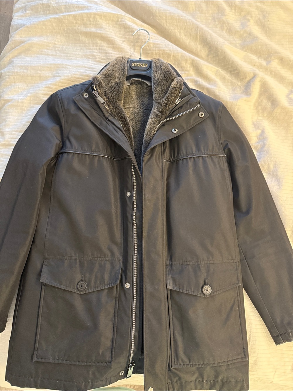 Marc New York Men's Charcoal Trench Coat with Faux-Fur Collar